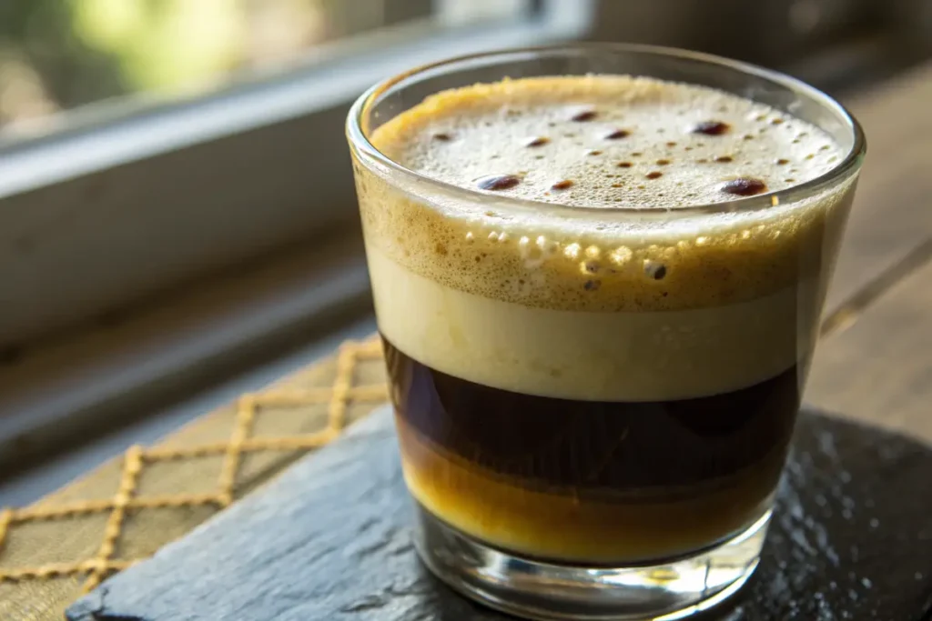 A glass cup holds a layered coffee drink with a foamy top.