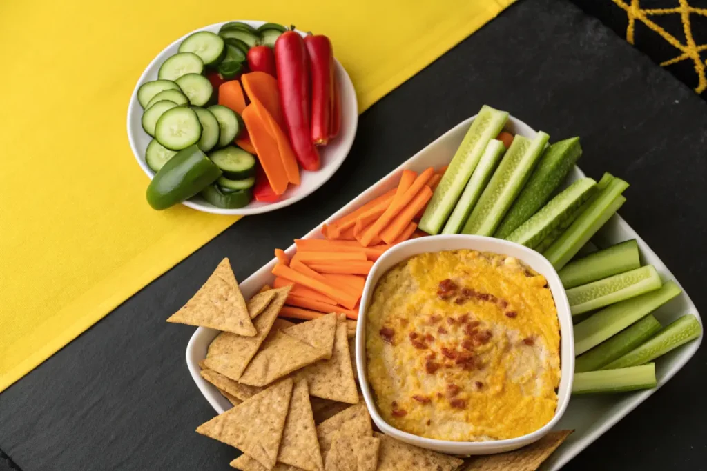  Taco dip calories Healthy. topped with bacon bits, is served with tortilla chips, carrots, and cucumber slices.