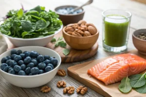 A table with bowls of blueberries, spinach, walnuts and a piece of salmon on a cutting board.