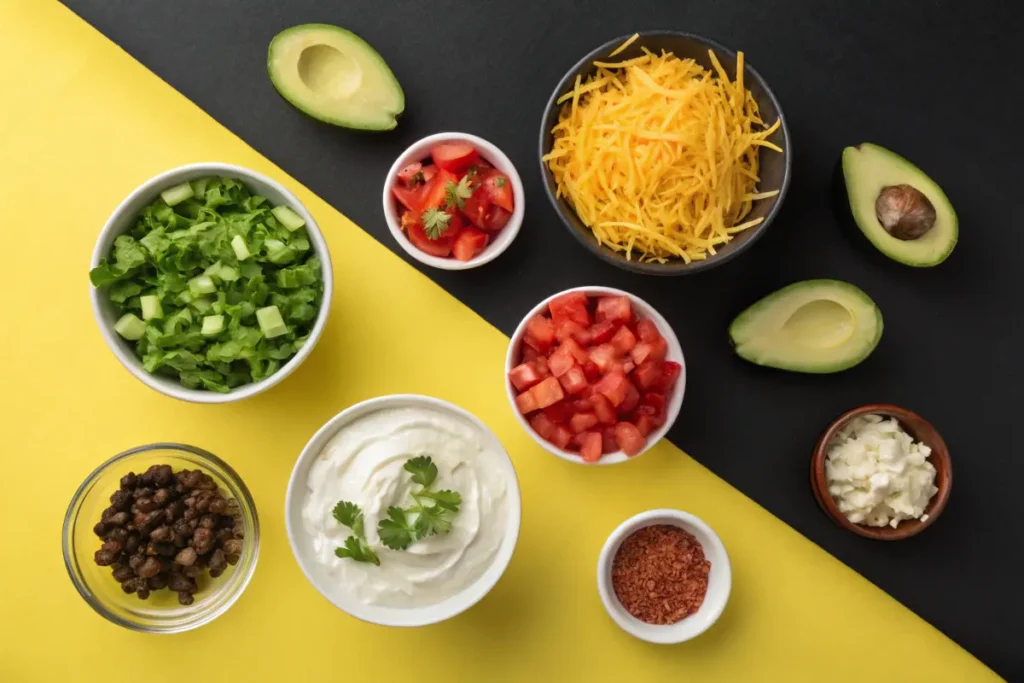 Bowls of various taco ingredients are arranged on a black and yellow background.