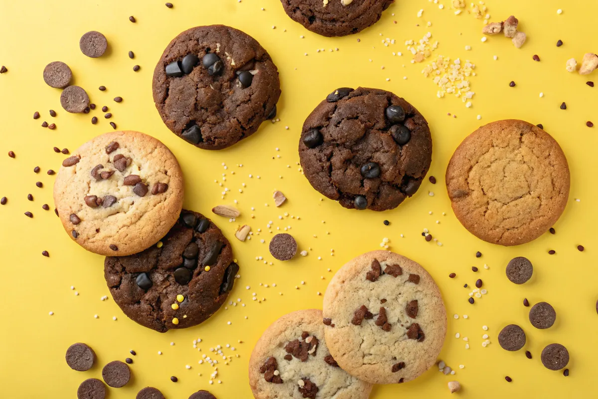 An assortment of cookies, some with chocolate chips, spread out on a yellow background.