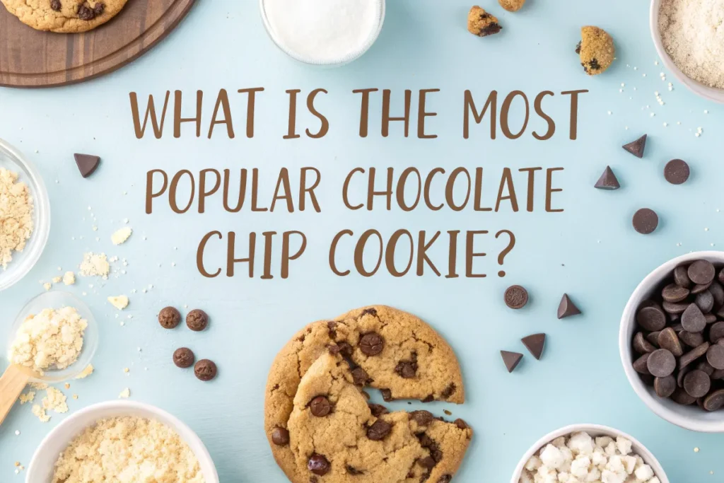 Stack of chocolate chip cookies on a golden-yellow background with melted chocolate dripping and bold white text: 'What Is the Most Popular Chocolate Chip Cookie