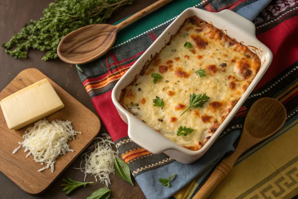 A cheesy potato casserole topped with parsley sits in a white baking dish on a colorful tablecloth.