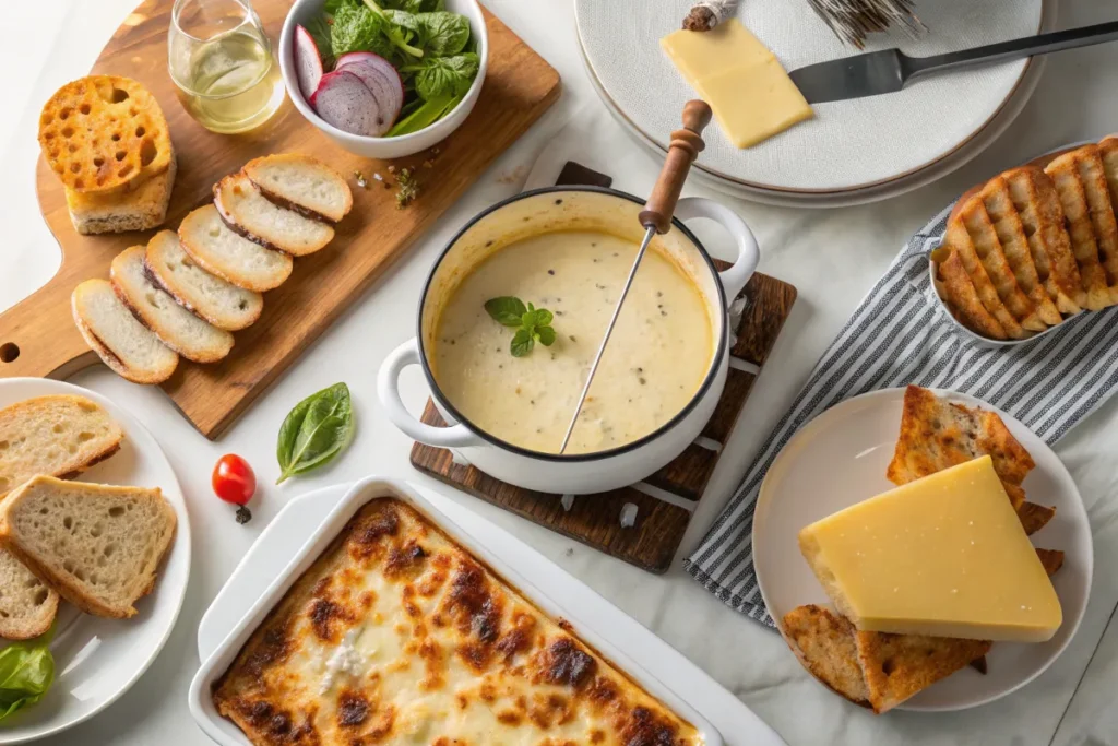 A flat lay of a table with cheese fondue, baked pasta, 