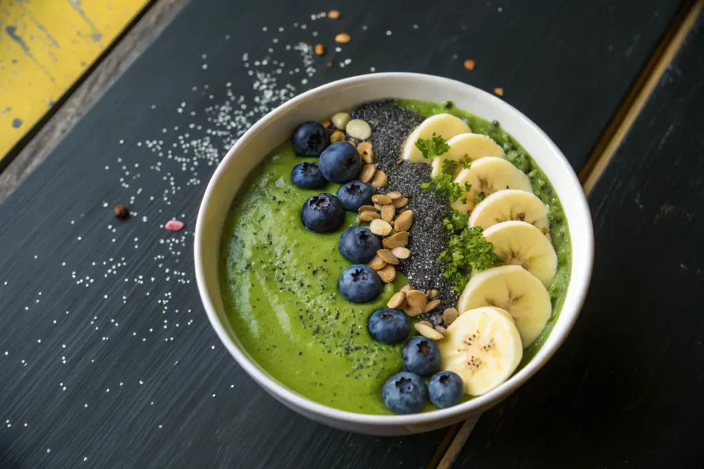 A green smoothie bowl topped with blueberries, banana slices, seeds, and chia seeds.