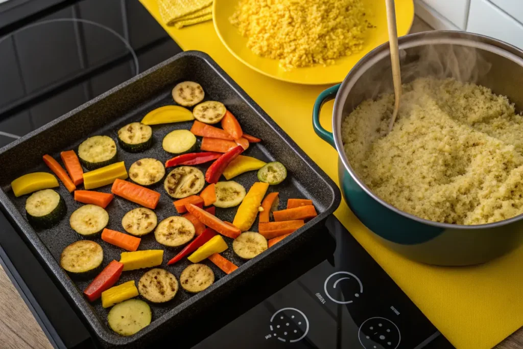 Grilled vegetables and couscous are being cooked on a black stovetop.