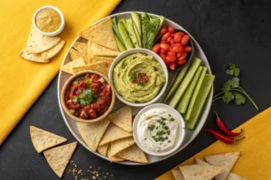 A platter of tortilla chips, salsa, guacamole, and dip is served with fresh vegetables.