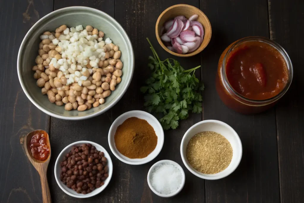 A flat lay image of various ingredients for ful medames, including fava beans, spices, and herbs.