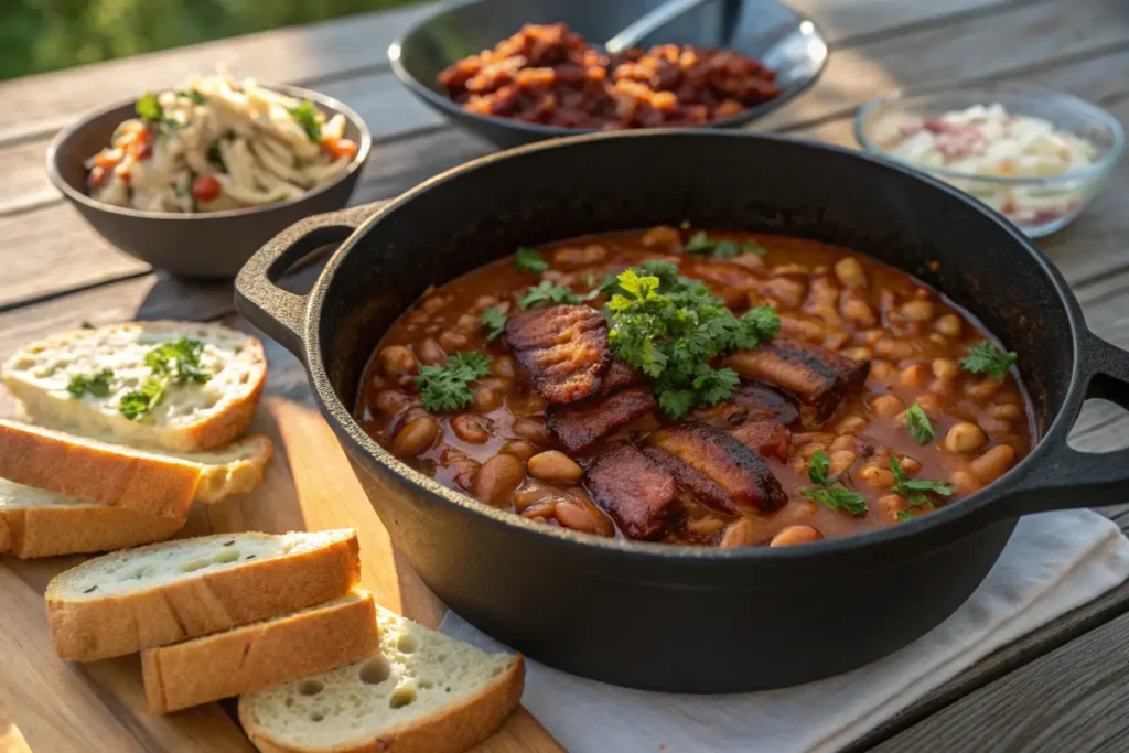 A cast iron pot of baked beans with bacon, garnished with fresh herbs, sits on a table next to sliced bread and side dishes.