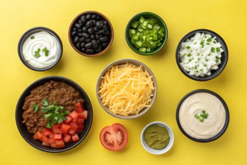 Bowls of chili ingredients including tomatoes, cheese, beans, and sauces are arranged on a yellow background.