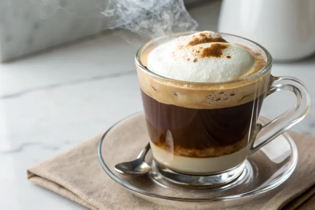 A clear glass mug holds a steaming layered strong coffee drinks  with milk and whipped cream topped with cinnamon.