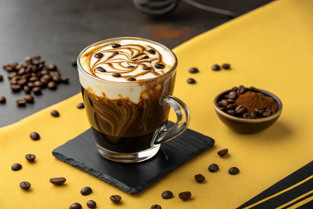 A glass mug of coffee with latte art and whipped cream sits on a black coaster on a yellow tablecloth.