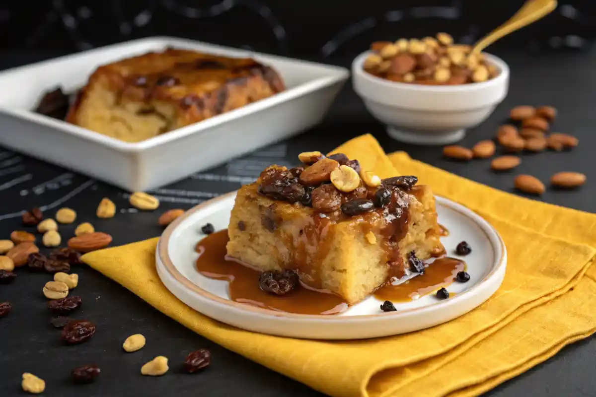 bread pudding in a gold-edged dish with caramel