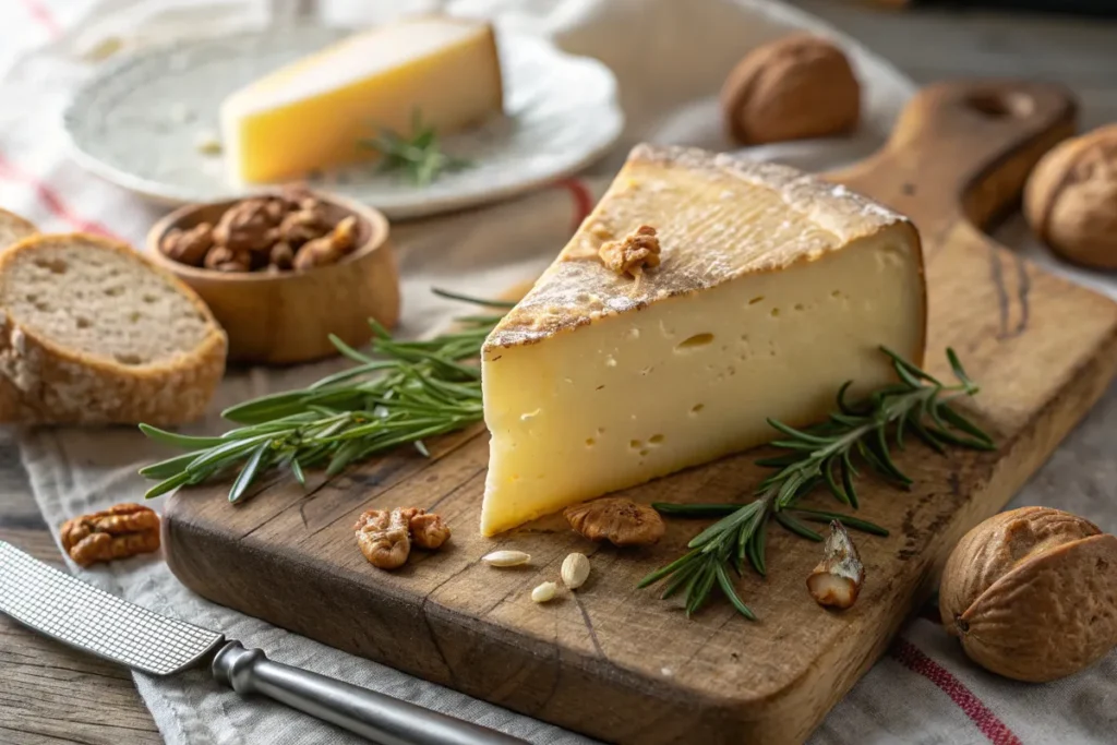 A wedge of cheese sits on a wooden cutting board, garnished with rosemary and walnuts.