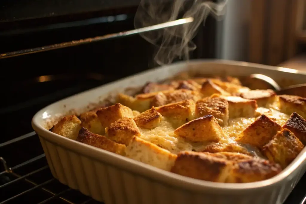 Baked dessert with a golden crust and a light dusting of powdered sugar.