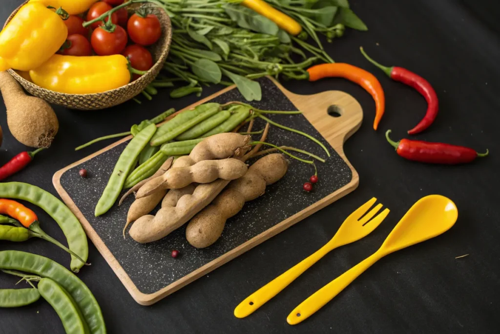 Tamarind, green beans, and peppers are arranged on a cutting board alongside a yellow fork and spoon, with other vegetables and fruits nearby.