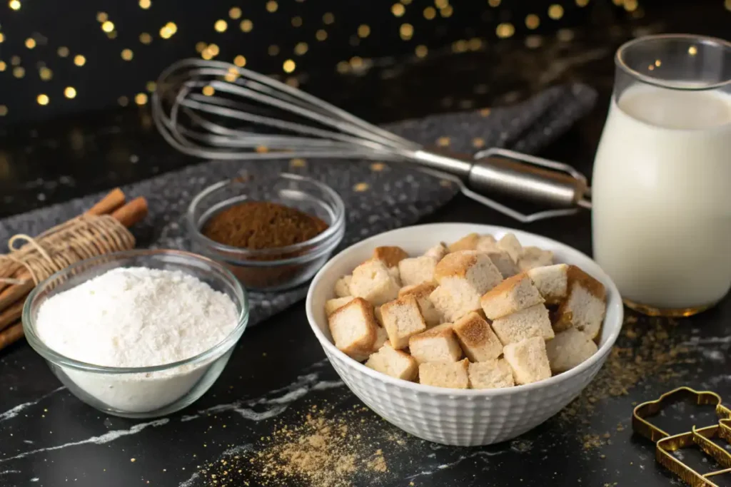 Milk, sugar, and cinnamon placed alongside cubed bread on a black marble surface