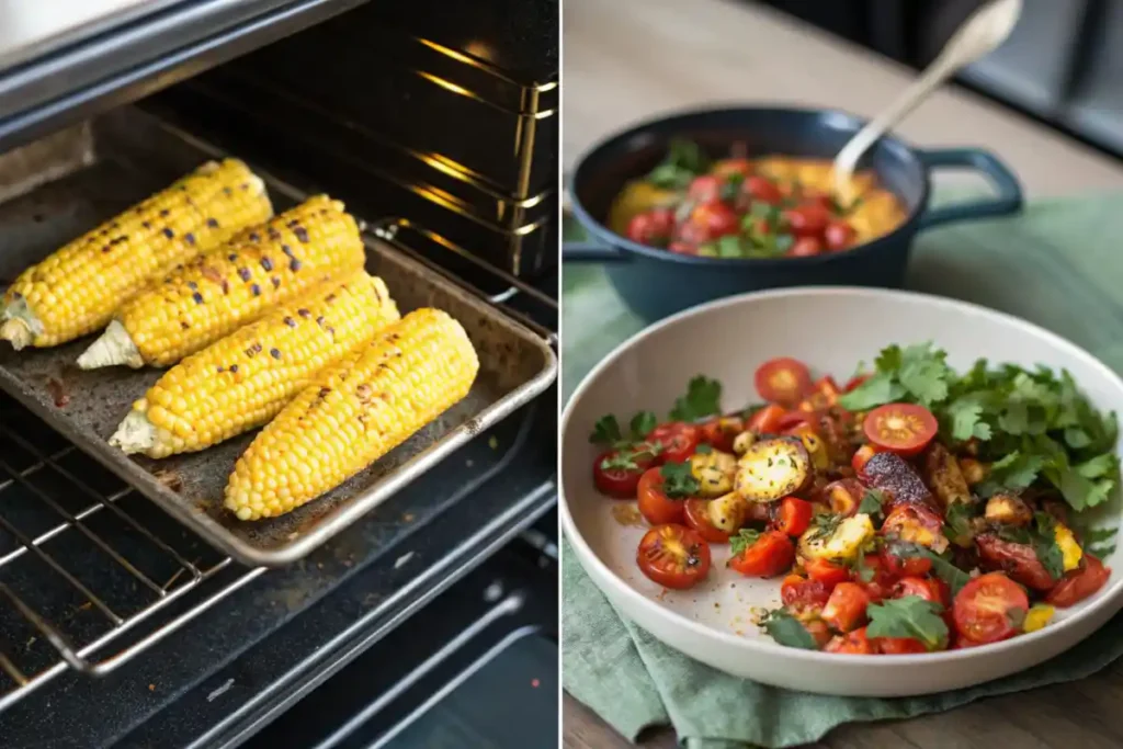 Fresh roasted corn kernels in a vibrant salad with tomatoes and cilantro.