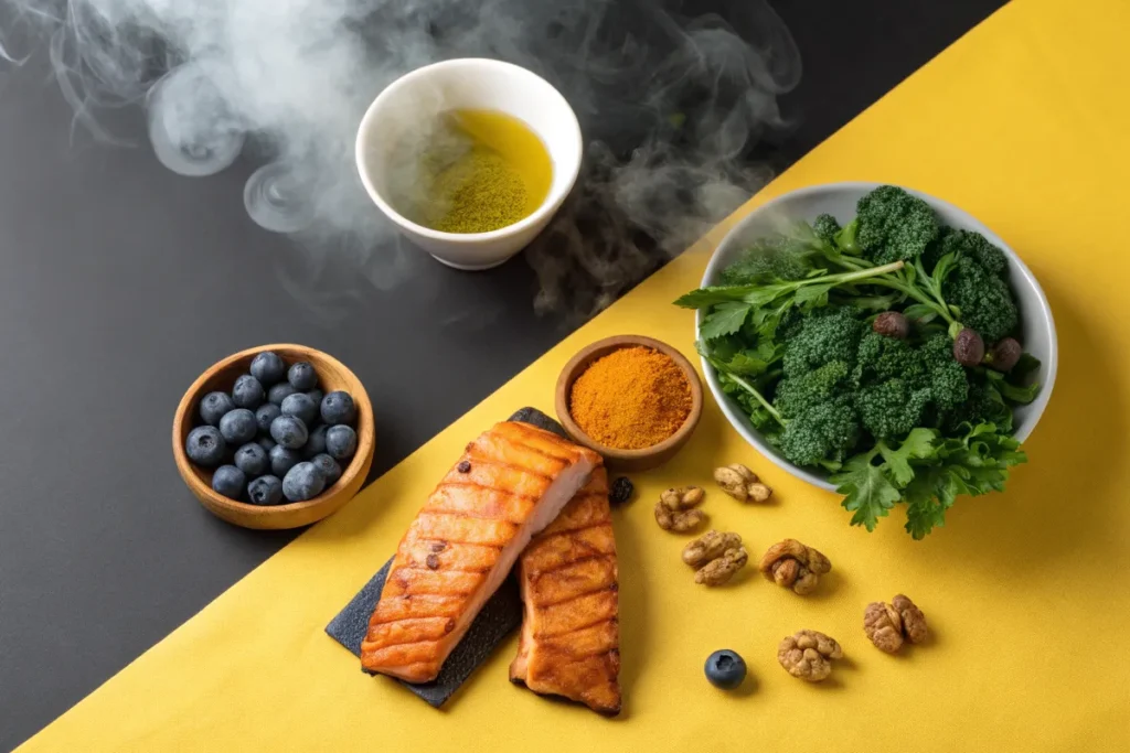  superfoods Inflammation : Grilled salmon, blueberries, broccoli, turmeric, walnuts, and matcha are arranged on a yellow and black background.