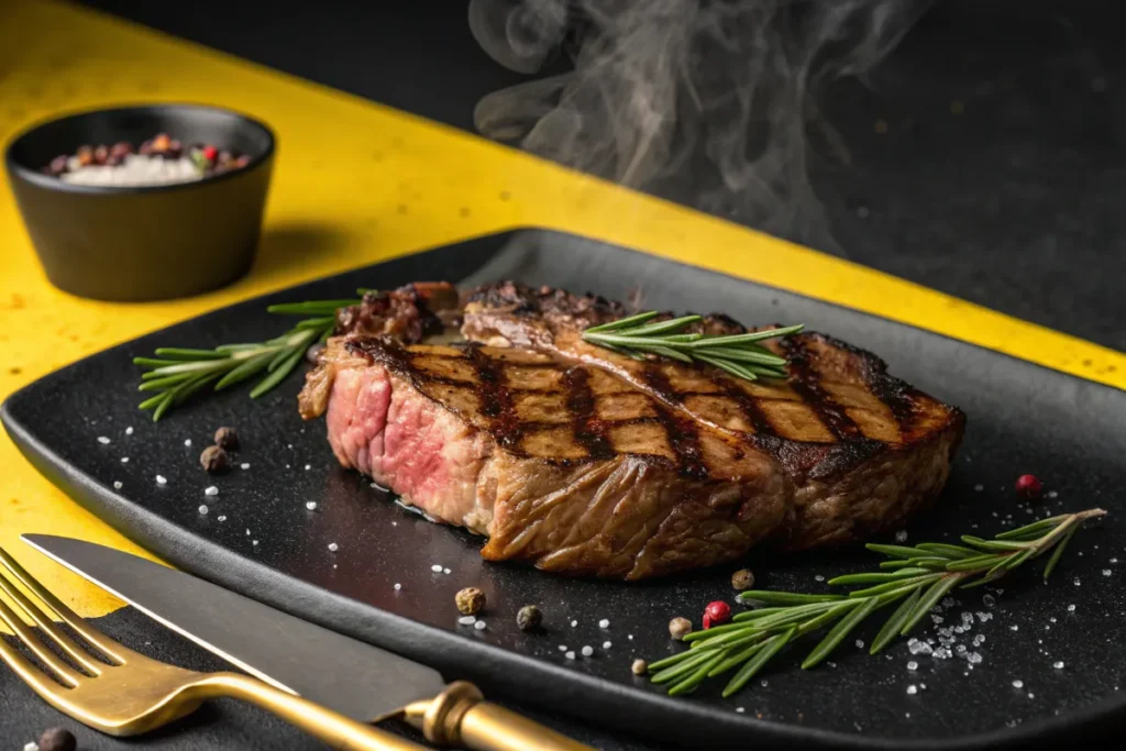 A grilled steak, seasoned with rosemary and peppercorns, sits on a black plate.