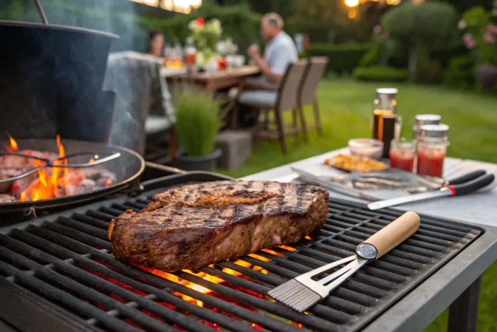 A thick steak sizzles on a grill with flames licking its sides.