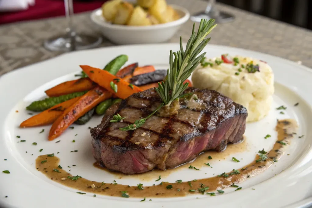 Delmonico Steak served with mashed potatoes and roasted vegetables.