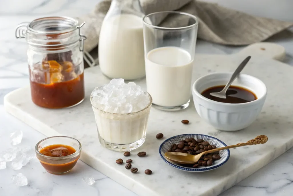 Ingredients for iced caramel latte arranged on a marble surface.