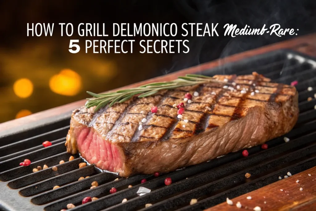 A grilled Delmonico steak, cooked medium-rare, rests on a grill pan.