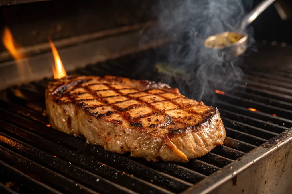 Delmonico Steak Medium-RareA thick ribeye steak sizzles on a grill with visible char marks.