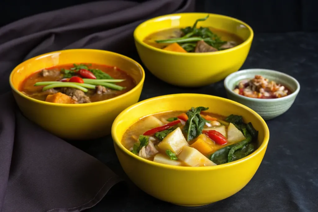 Three yellow bowls of stew are presented on a dark surface, accompanied by a small bowl of colorful garnish.