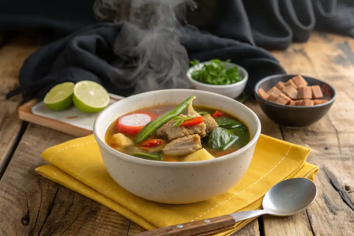 A steaming bowl of soup with meat and vegetables sits on a rustic wooden table.