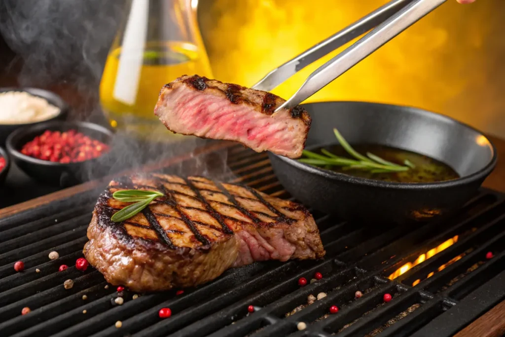 Tongs hold a piece of medium-rare steak above a grilling Delmonico Steak and a bowl of sauce.