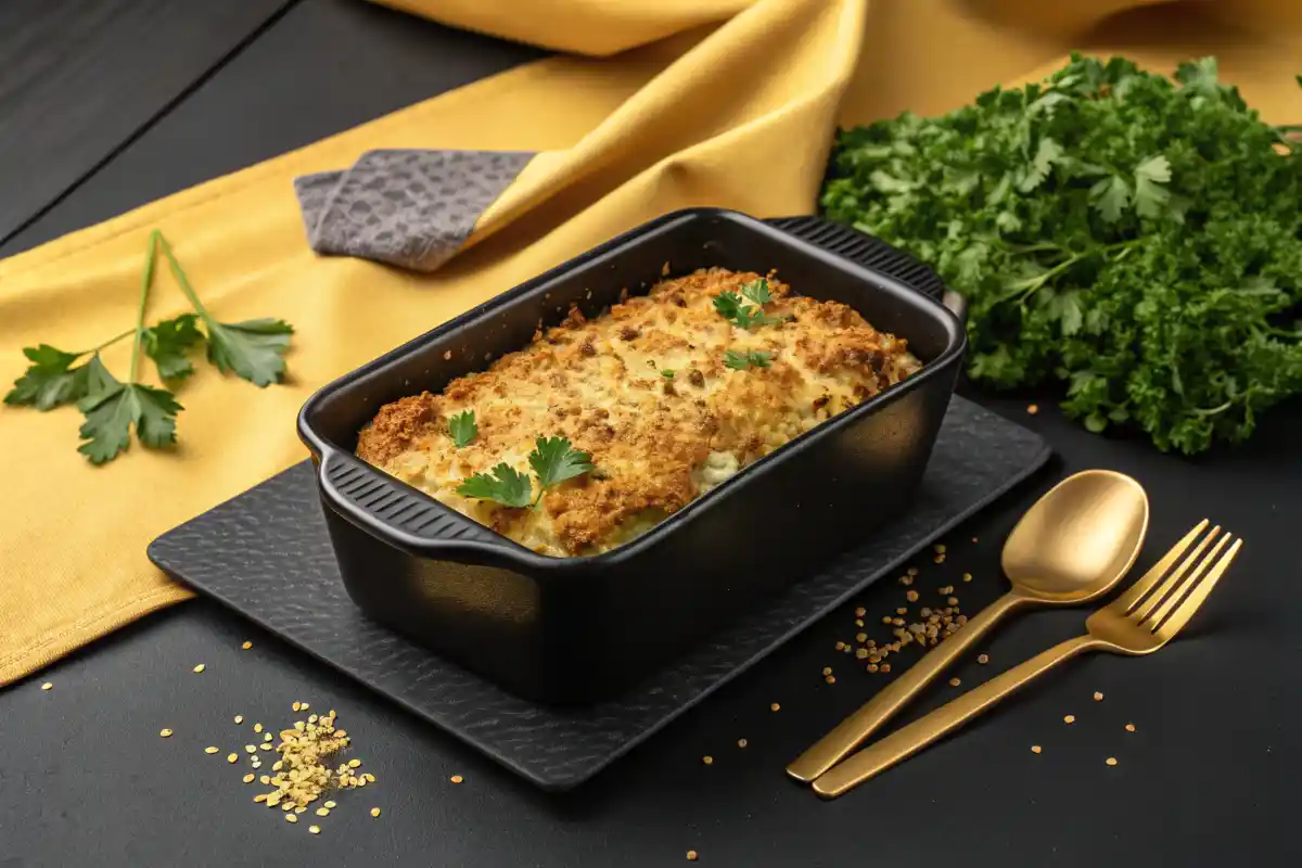 Luxurious chicken casserole with a golden breadcrumb topping against a black and gold background.