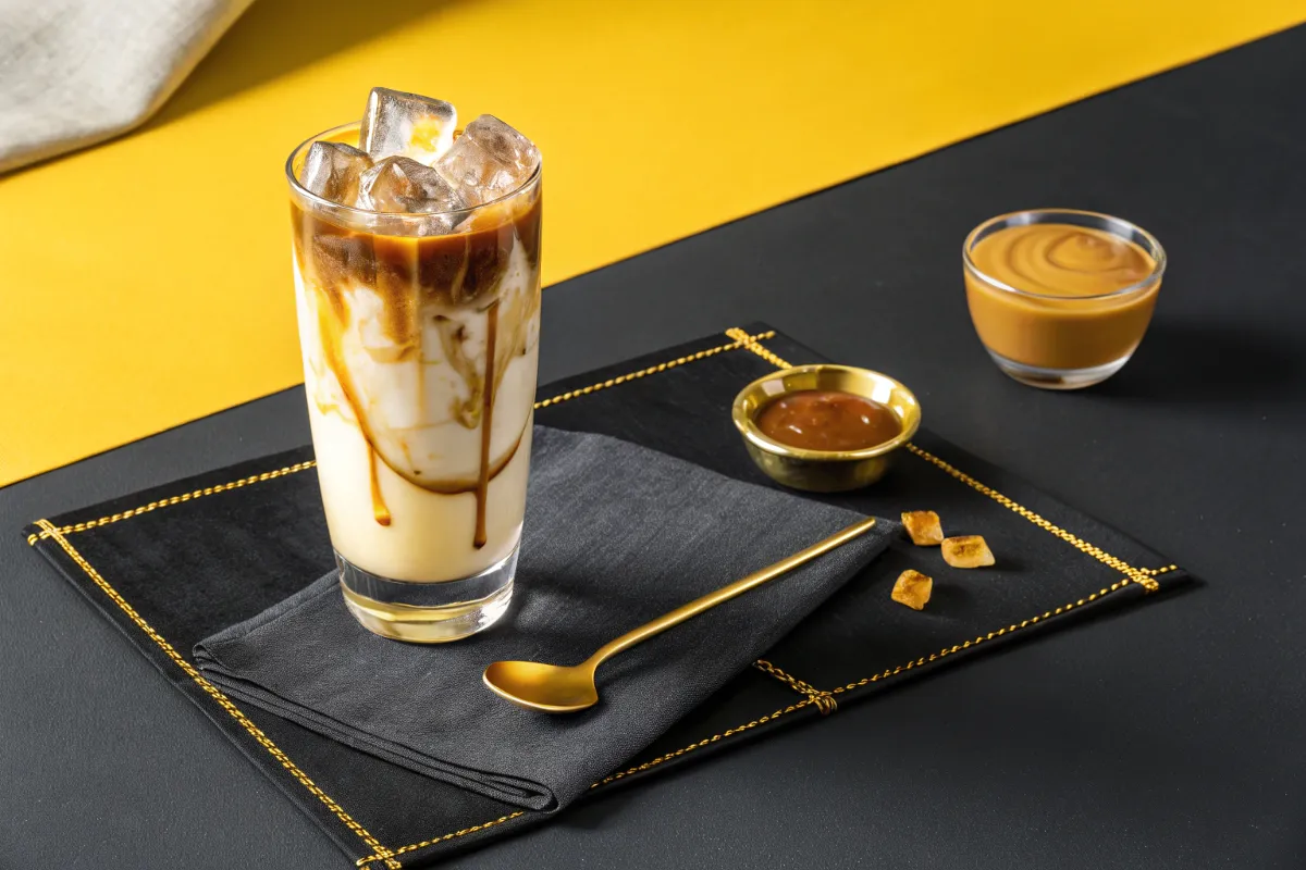 Iced coffee with caramel drizzle and ice cubes in a tall glass, served with caramel sauce and brown sugar.