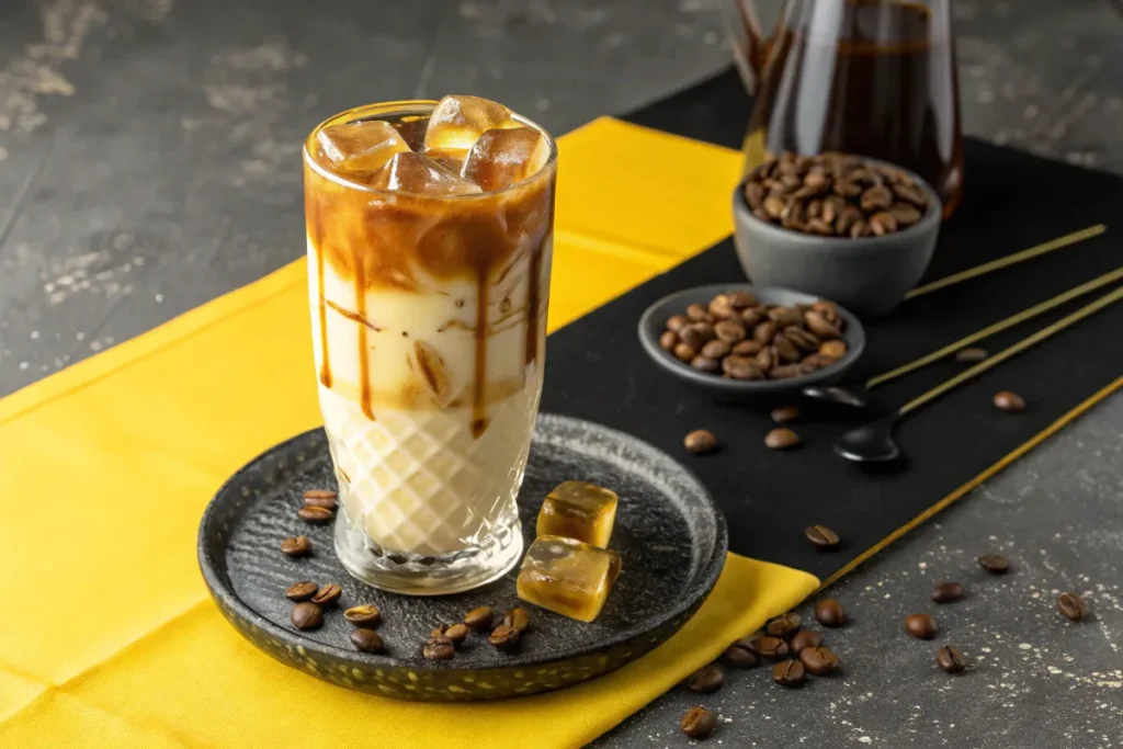 A tall glass of iced coffee with milk and coffee ice cubes sits on a black and yellow placemat.