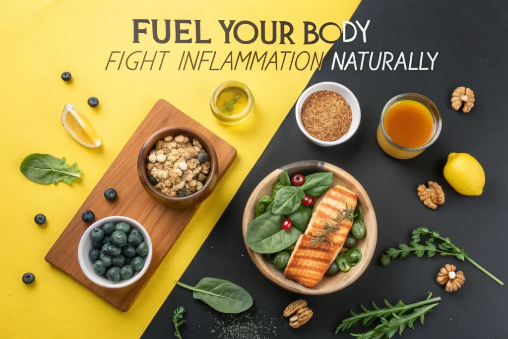 Flatlay of healthy foods including salmon, blueberries, and nuts on a yellow and black background.