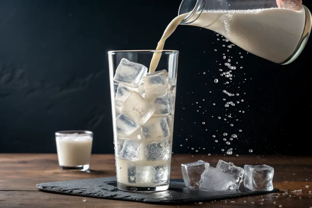 Milk is being poured from a glass pitcher into a glass of ice.