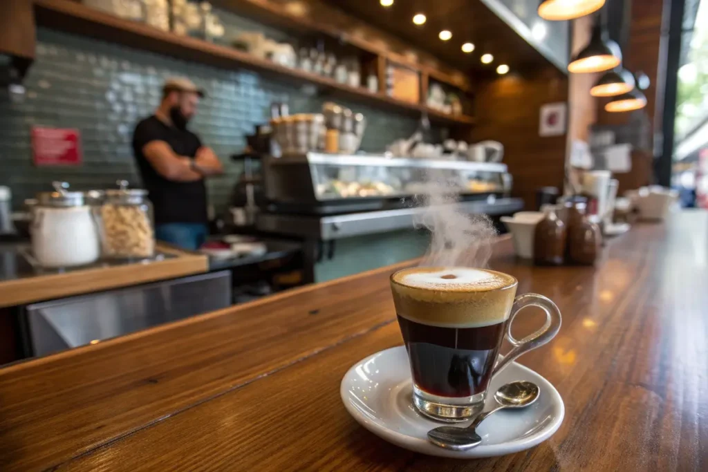 A steaming cup of coffee sits on a wooden cafe counter with a barista in the background.