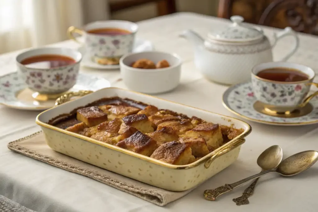 Family-style bread pudding served in a gold-rimmed dish on a dining table