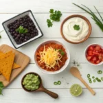 A flat lay image of chili ingredients including black beans, sour cream, cheese, tomatoes, guacamole, green onions and tortilla chips.