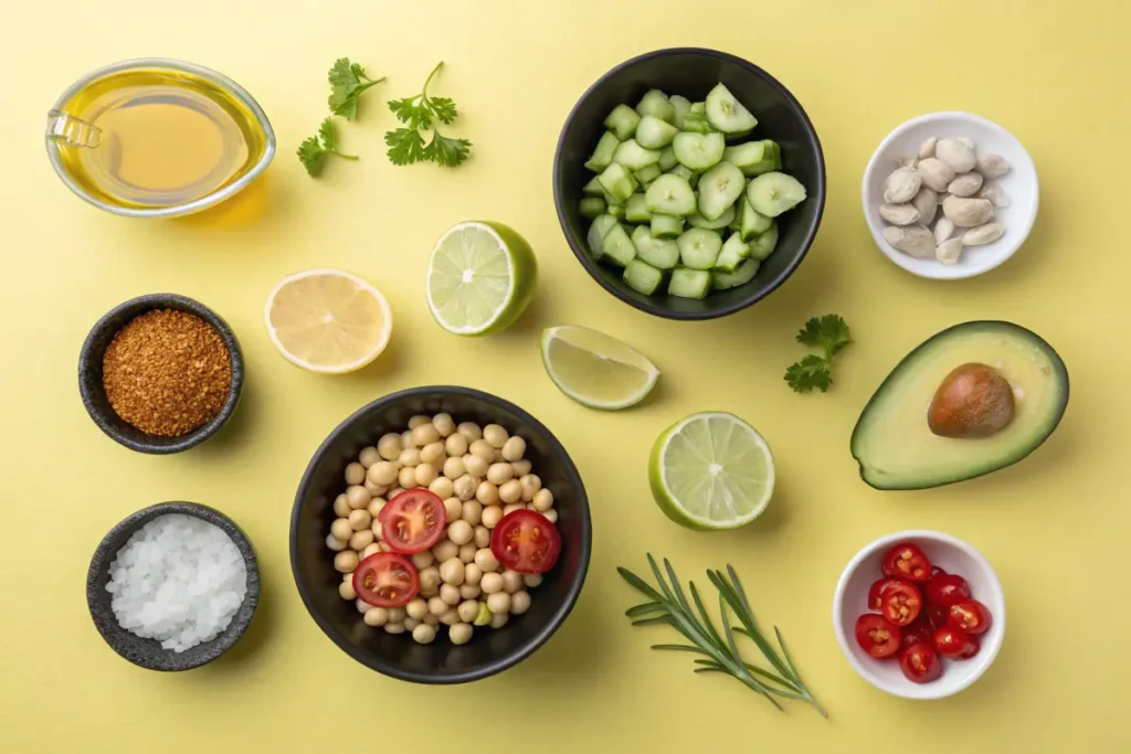 What Is the Most Popular Dip in the World?: An overhead shot of various fresh ingredients arranged on a yellow background, including chickpeas, cucumber, avocado, and spices.