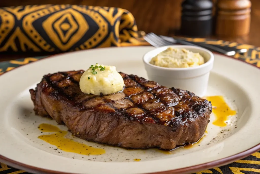 Grilled steak topped with herb butter served with mashed potatoes on a plate.