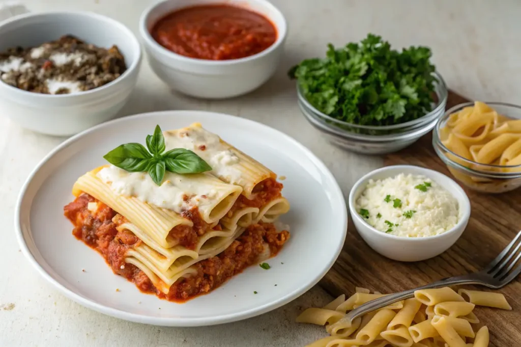 A plate of pasta with meat sauce, white sauce, and basil sits next to bowls of ingredients.