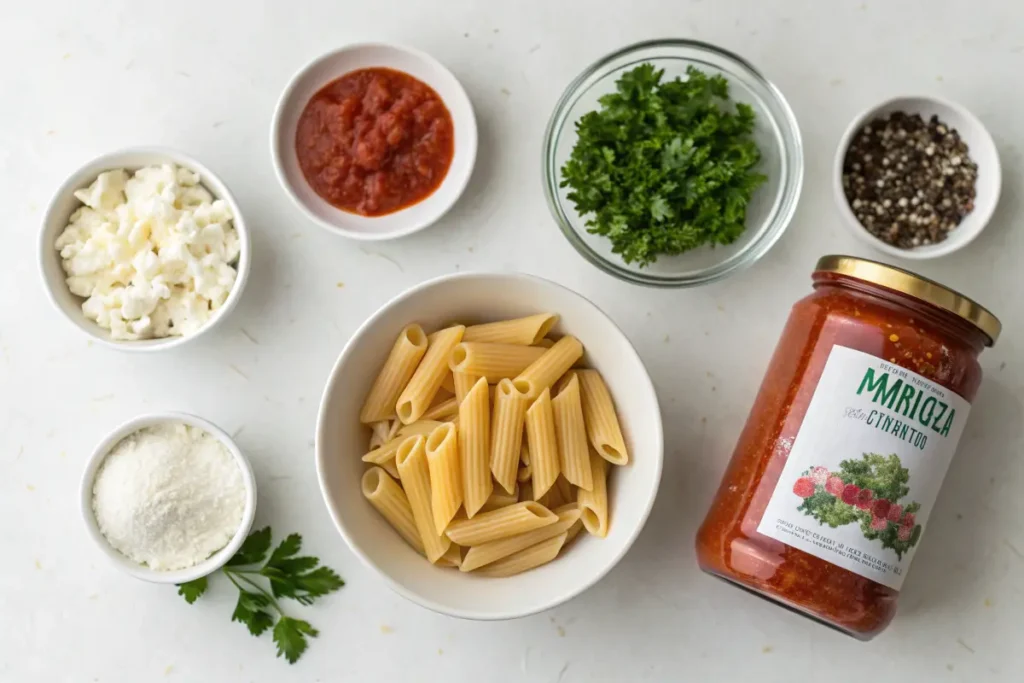 Ingredients for a baked ziti. dish including penne pasta, ricotta cheese, tomato sauce, herbs, and spices are arranged on a white surface.