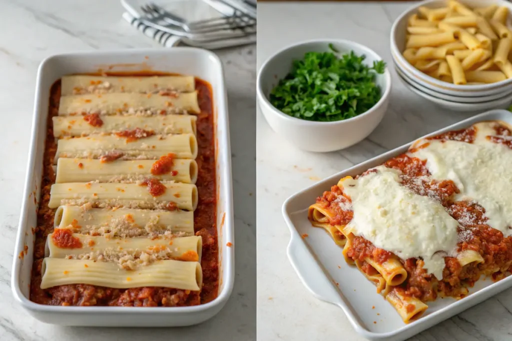 Two images of manicotti, one before and one after baking, with a side of parsley and pasta