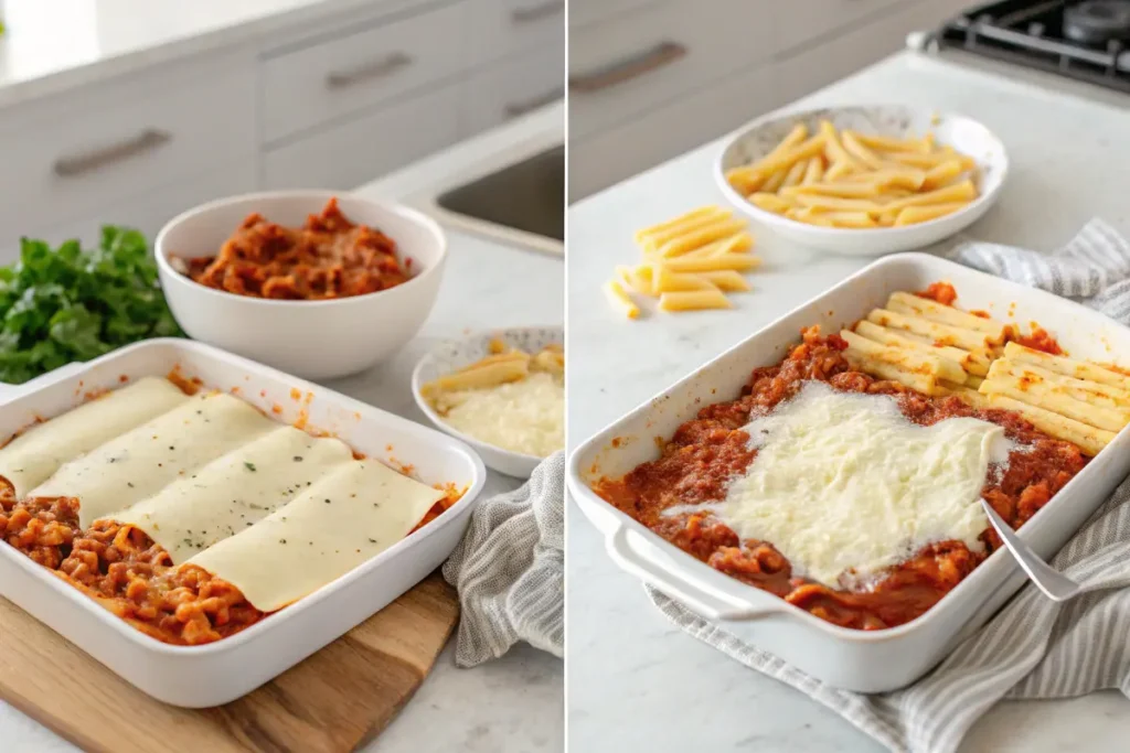 Two images show steps in preparing baked baked ziti. with meat sauce and cheese.