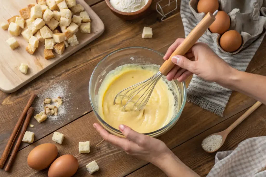 Custard being whisked in a bowl, surrounded by cinnamon sticks and eggshells