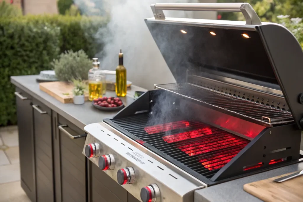 A gas grill with the lid open reveals glowing red coals and smoke.