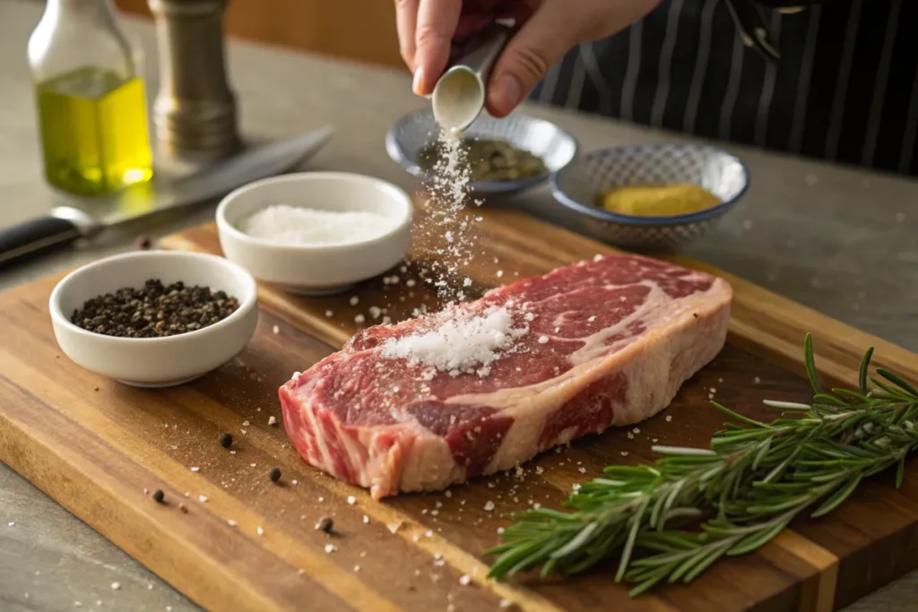 Delmonico Steak Medium-Rare A hand sprinkles salt onto a raw steak on a wooden cutting board.