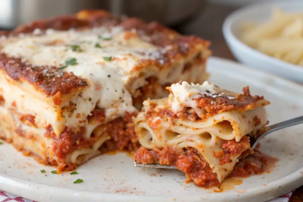 A square, cheesy lasagna sits on a white plate, with a slice being lifted out by a fork.